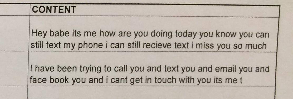 Text messages used in the Travis Vader murder trial, April 13, 2016.