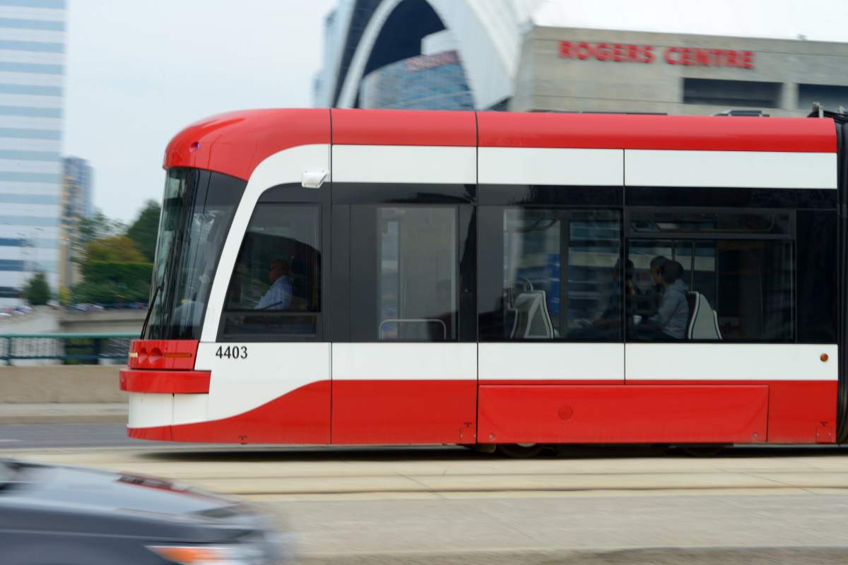 The TTC's Bombardier Flexity low-floor light rail vehicle is pictured riding along Spadina Avenue, in Toronto on August 29, 2015.