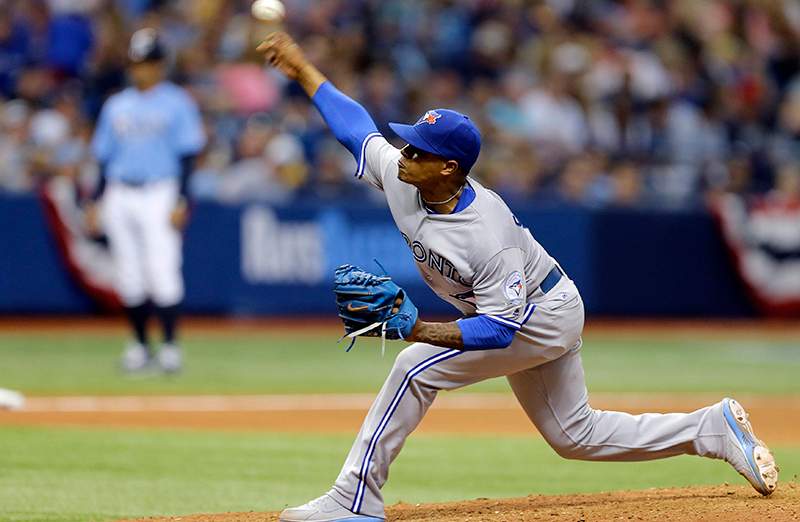 Toronto Blue Jays' Marcus Stroman pitches to the Tampa Bay Rays during the ninth inning of a baseball game, Sunday, April 3, 2016, in St. Petersburg, Fla. 