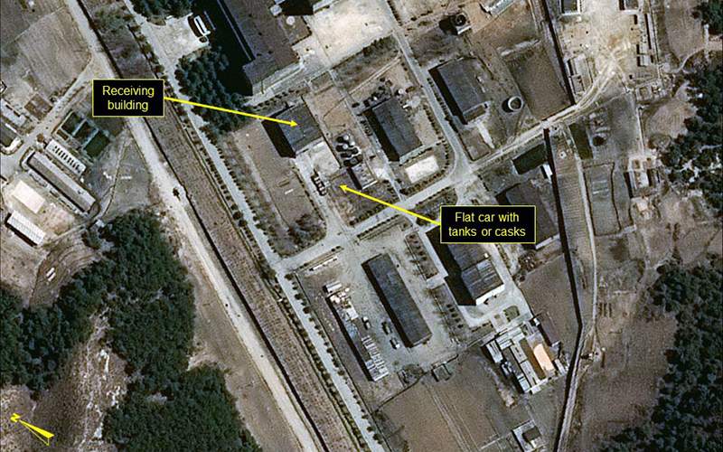 In this image provided by 38 North, shows a rail flatcar at radiochemical laboratory where North Korea separates weapons-grade plutonium from waste from a nuclear reactor. U.S. researchers see further signs from satellite imagery that North Korea is looking to produce more plutonium for nuclear weapons. 