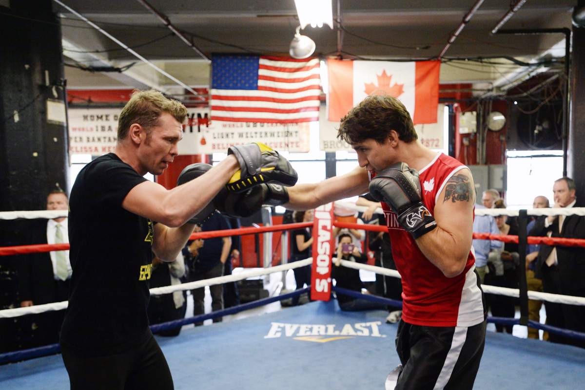 Prime Minister Justin Trudeau spars with professional boxer Yuri Foreman at the Gleason's Boxing Gym in Brooklyn, New York on Thursday, April 21, 2016. Trudeau was there to train with kids from the "Give A Kid A Dream" program that works to provide mentorship to disadvantaged youths through the sport of boxing.