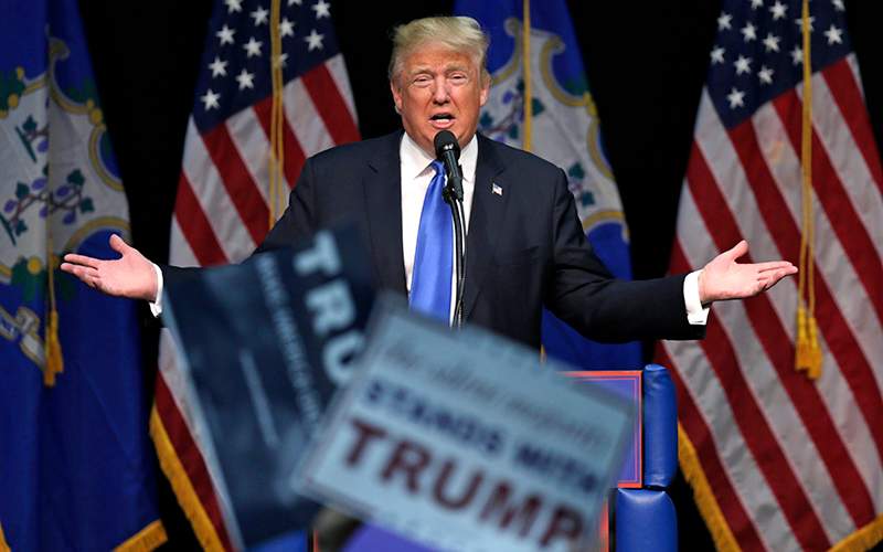Republican presidential candidate Donald Trump addresses supporters at a campaign event at Crosby High School in Waterbury, Conn., Saturday, April 23, 2016.