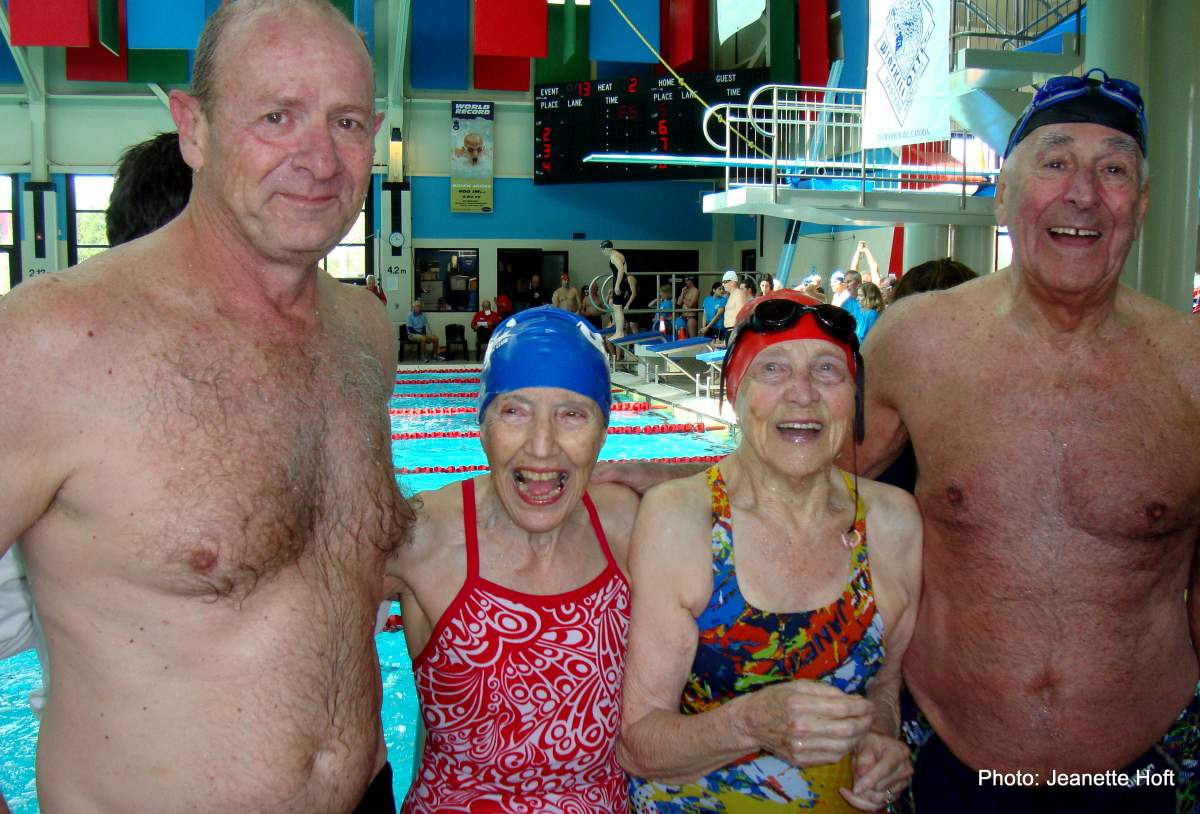 Okanagan Masters Swim Club's record breaking 200 meter mixed medley relay team.