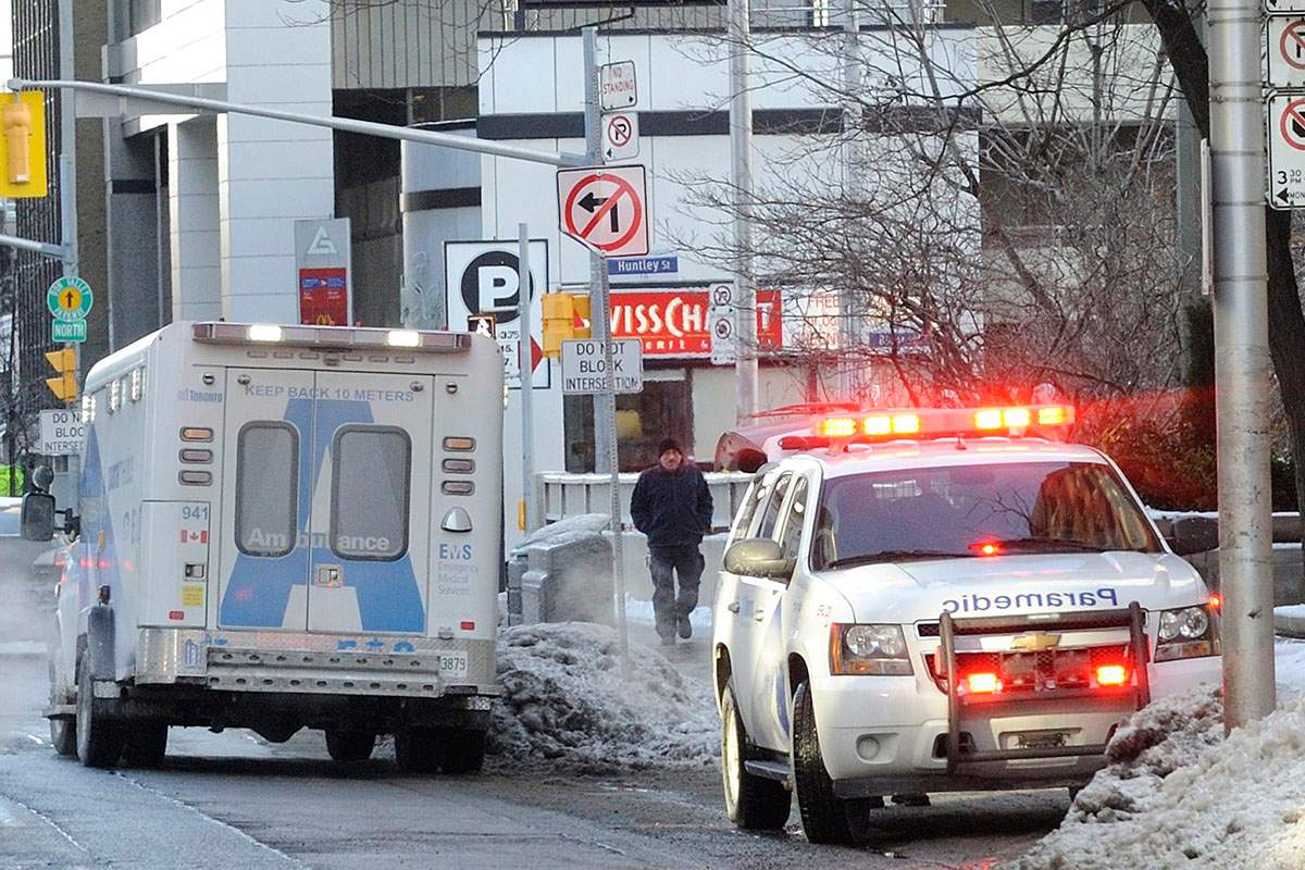Toronto EMS Emergency Response Vehicle and a Type 3 Ambulance responding to an emergency call during during a day of extreme cold weather, Toronto, Ont., January 7, 2014. 