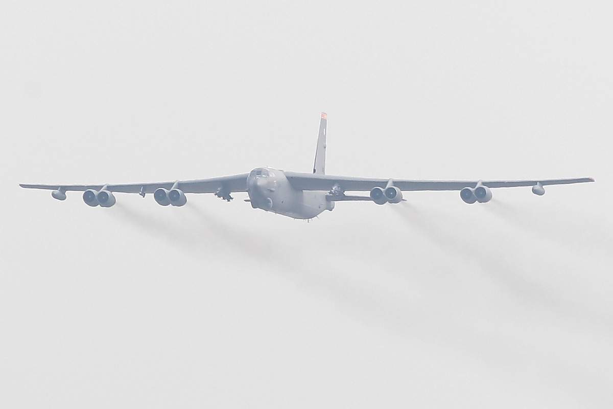 A U.S. Air Force B-52 bomber flies over Osan Air Base on January 10, 2016 in Pyeongtaek, South Korea.