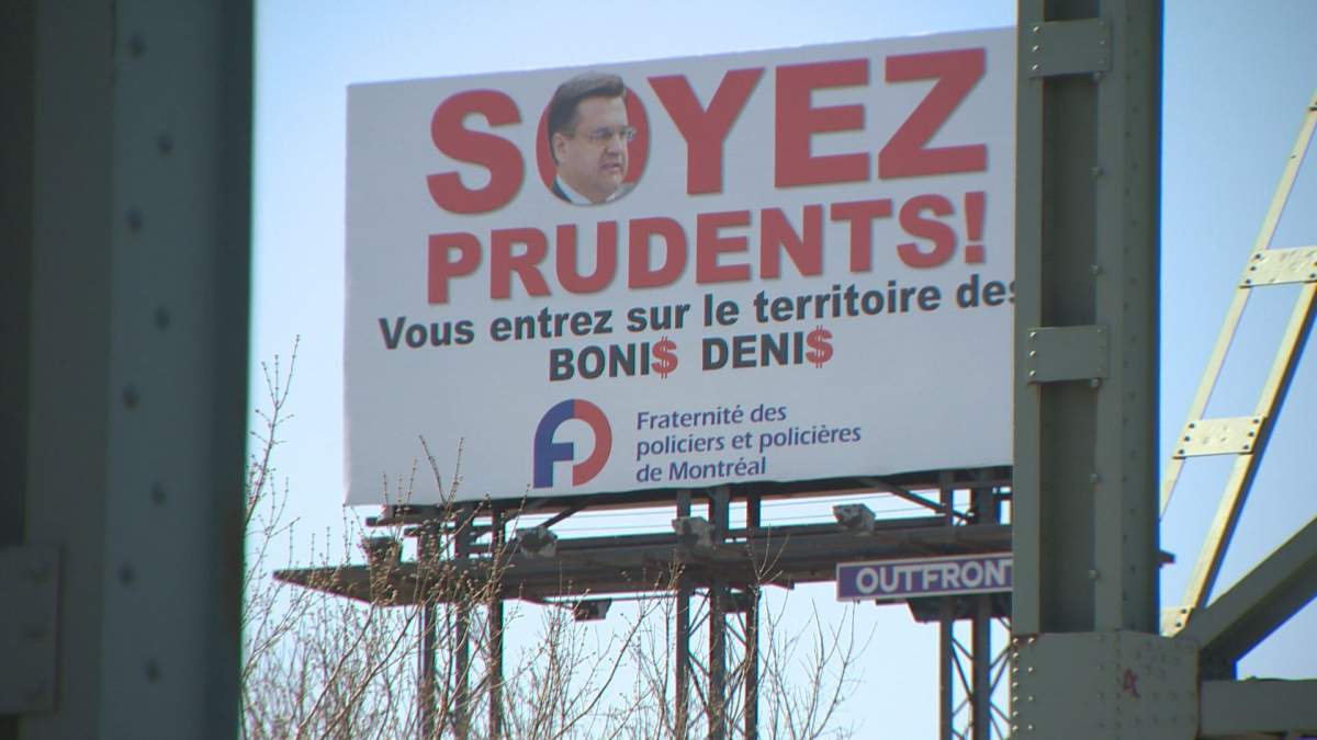 "You're entering Boni$ Deni$' territory." The Montreal police brotherhood protests ticket bonuses, Wednesday, April 20, 2016.