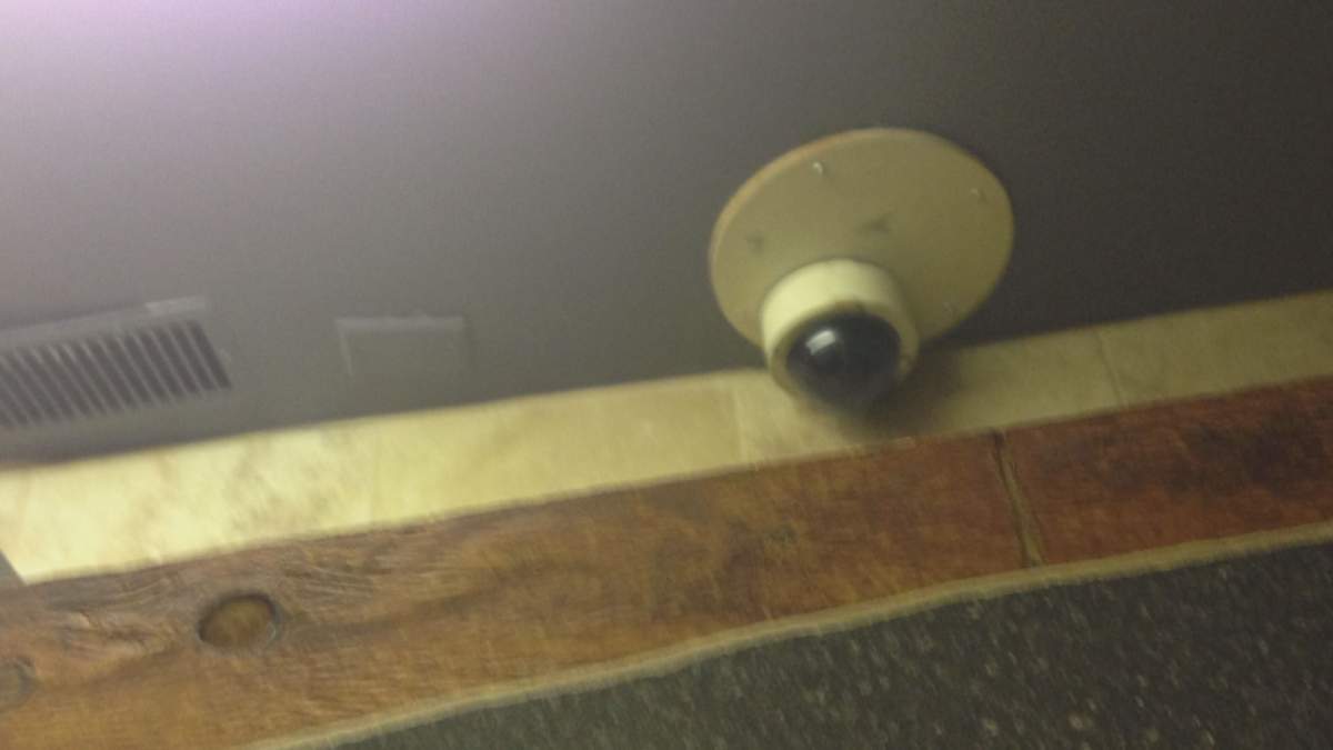 A security camera in the men’s washroom at Ducky’s Pub.