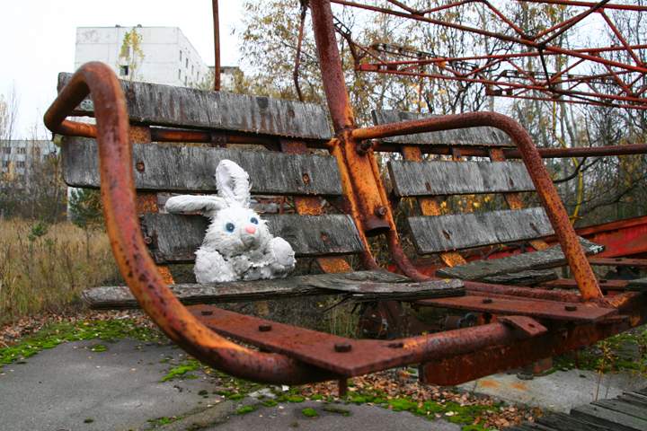 A toy rabbit sits on a ride at an amusement park in Pripyat, Ukraine.