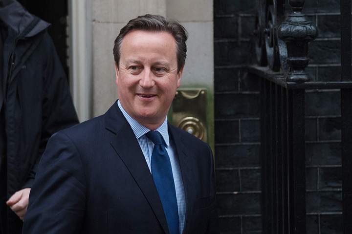 Britain's Prime Minister David Cameron leaves 10 Downing Street in central London to appear before MPs for the first time since it emerged he had profited from an offshore fund, Monday April 11, 2016. 