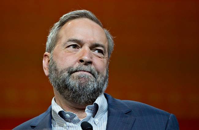 Federal NDP Leader Tom Mulcair makes a speech during the 2016 NDP Federal Convention in Edmonton Alta, on Sunday, April 10, 2016.