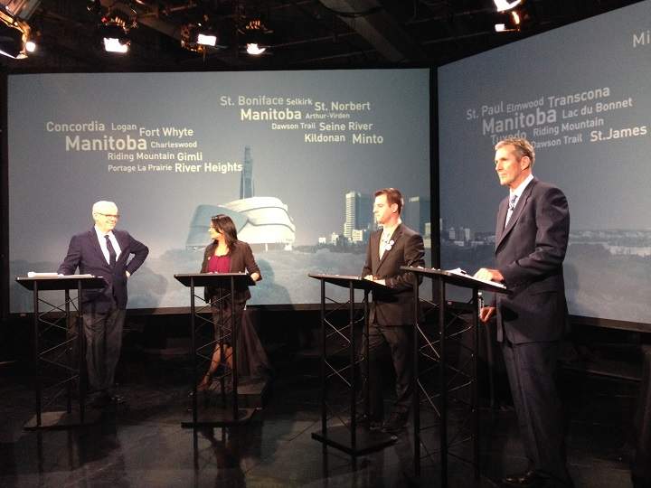 Four of Manitoba's political party leaders stand ready at the 2016 election's first and only televised debate. 