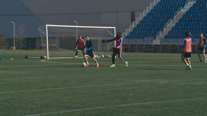 FC Edmonton players practise at Clarke Field on March 29, 2016.