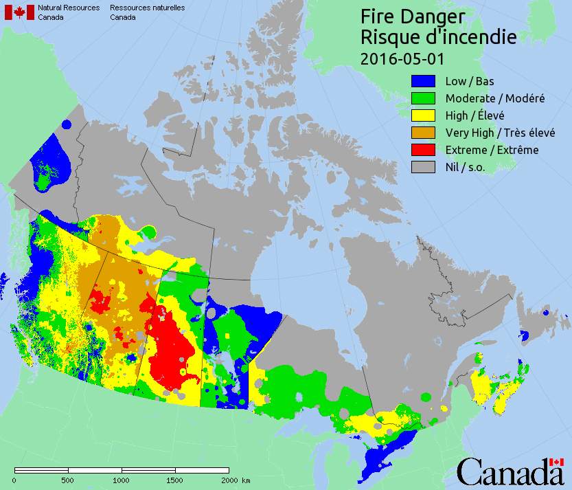 Many parts of Saskatchewan and Alberta are under an extreme risk for forest fires according to the latest data from Natural Resources Canada.