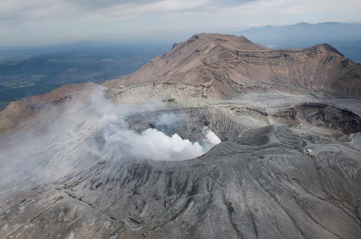 The picture shows an aerial of the largest active volcano in Japan, Mount Aso, in Aso, Kumamoto prefecture on April 16, 2016.