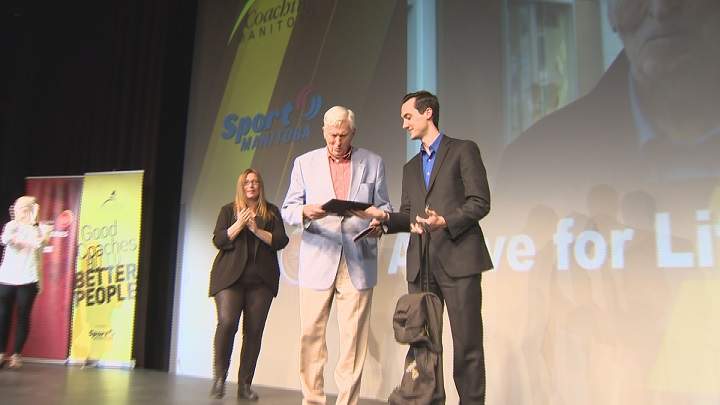 Jim Daly is presented the Global News Active For Life award at the Coaching Manitoba Impact Awards.