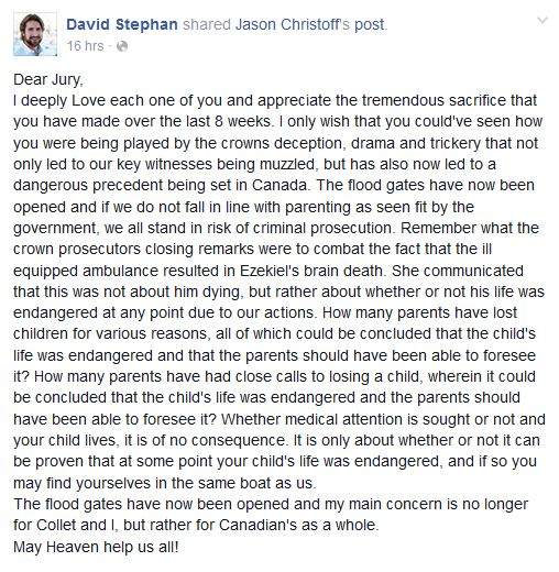 Alberta father convicted in son’s meningitis death posts letter to jury on Facebook - image
