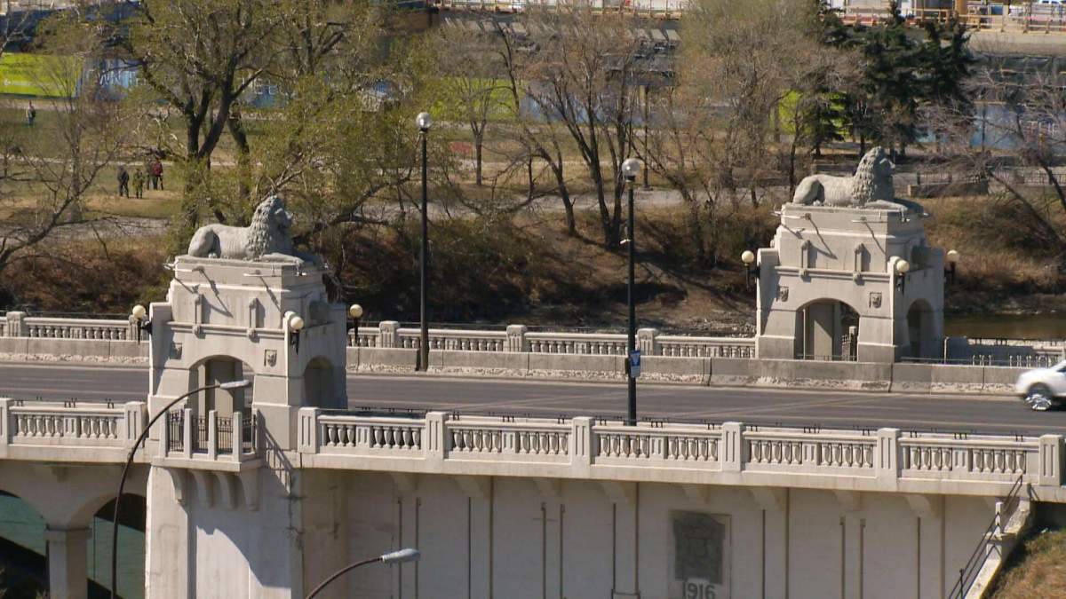 Lion statues on Calgary’s Centre Street Bridge. These statues are replicas of the original lion statues, which were installed in 1917.