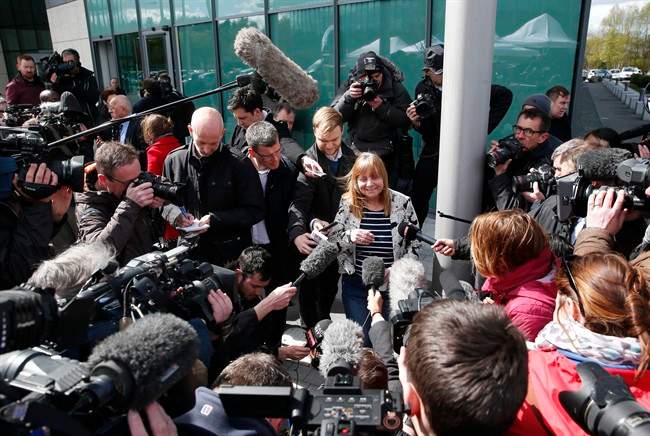 Chair of the Hillsborough Families Support Group, Margaret Aspinall, speaks to the media outside the Hillsborough Inquest in Warrington, England, Tuesday April 26, 2016.