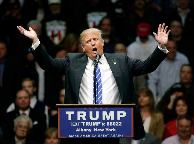 Republican presidential candidate Donald Trump speaks during a rally at the Times Union Center on Monday, April 11, 2016, in Albany, N.Y. 