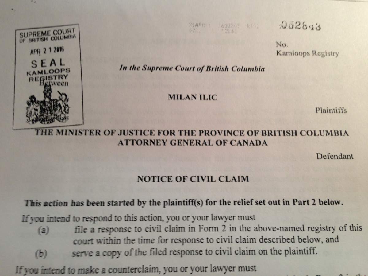 Milan Ilic filed this Notice of Civil Claim in Kamloops on April 21.