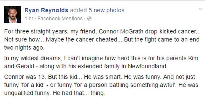 Ryan Reynolds Facebook post saying goodbye to Connor McGrath.