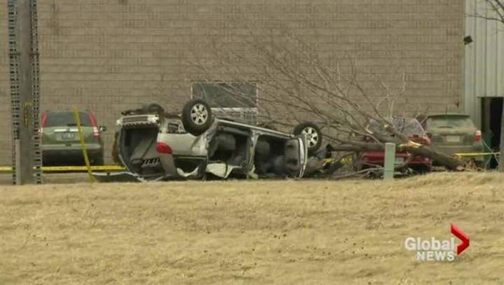 The minivan used in the alleged abduction of a four-year-old girl in Ontario this week is seen after it crashed in Pembroke, Ont. on April 18, 2016.
