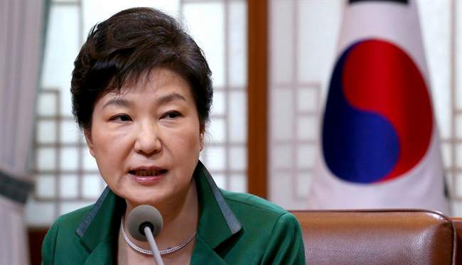 South Korean President Park Geun-hye speaks during a regular meeting with her top aides at the presidential house in Seoul, South Korea, Monday, April 18, 2016.