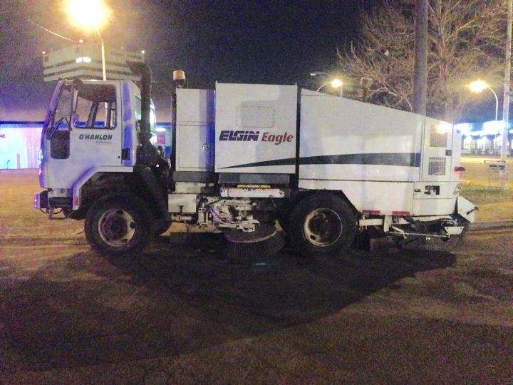A street sweeper is seen in south Edmonton on April 18, 2016 after it was involved in a deadly collision with a motorcycle.