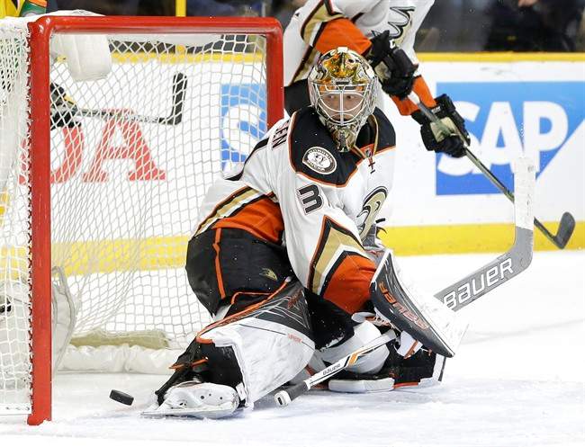 Frederik Andersen, of Denmark, looks back as a shot by Nashville Predators forward Mike Fisher gets past for a goal during the second period of Game 4 in an NHL hockey first-round Stanley Cup playoff series Thursday, April 21, 2016, in Nashville, Tenn.