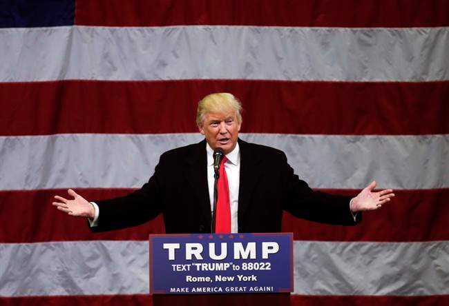 In this April 12, 2016 file photo, Republican presidential candidate Donald Trump speaks in Rome, N.Y.