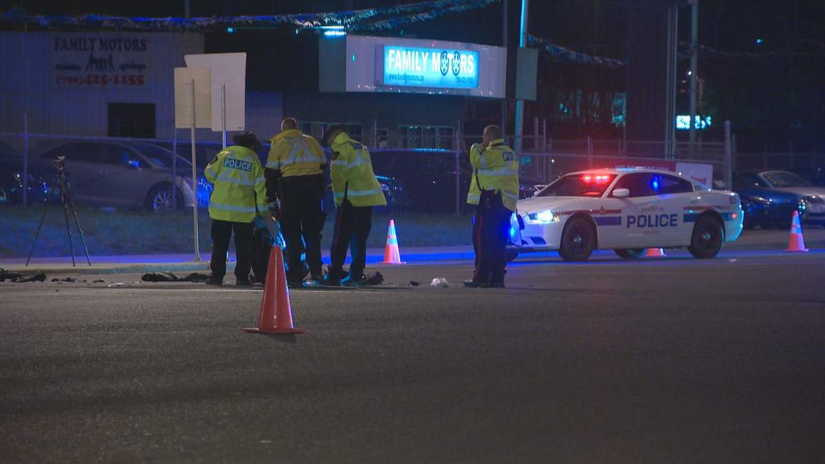 An SUV and a motorcycle collided on Yellowhead Trail at 97th Street in north Edmonton late Thursday night. April 28, 2016.