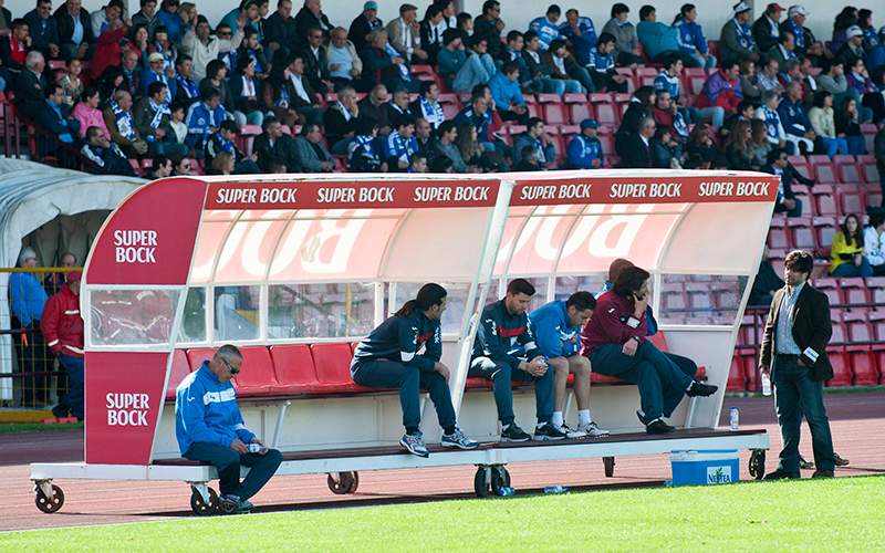 The Uniao de Leiria team bench during a Portuguese league soccer match with Feirense in Marinha Grande, central Portugal. 