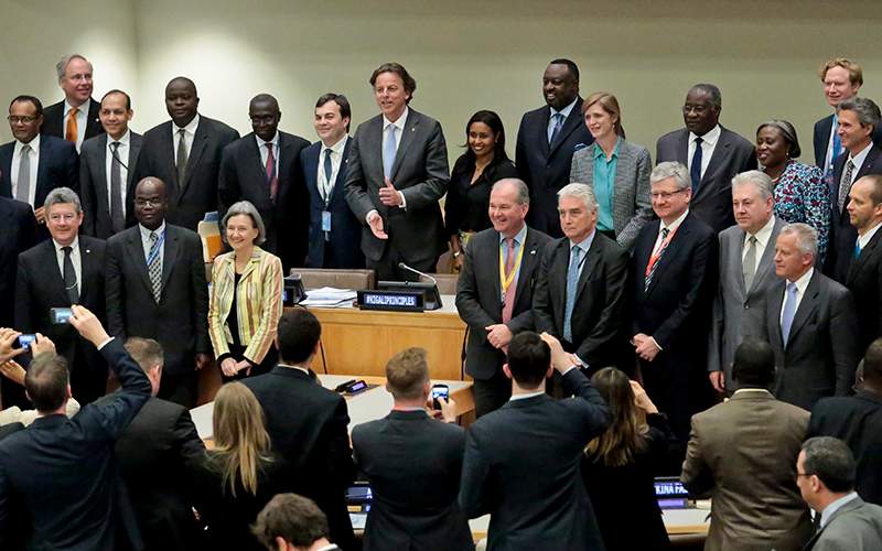 Foreign Ministers and U.N. Ambassadors representing countries that endorsed the "Kigali Principles," a pledge that troops in U.N. missions will take military action to defend civilians, pose for pictures after a meeting, Wednesday, May 11, 2016, at U.N. headquarters. 
