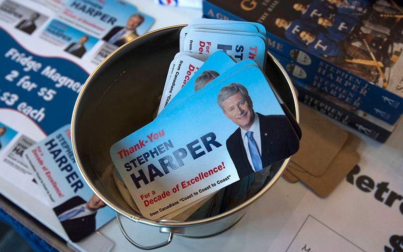 Stephen Harper cards are pictured at the Conservative Party of Canada convention in Vancouver, Thursday, May 26, 2016. 