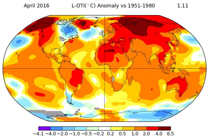 Temperature anomalies during the month of April 2016.