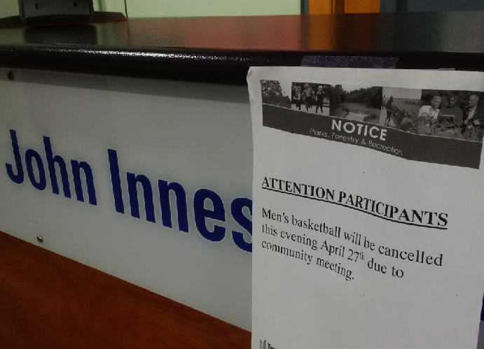 Notification of canceled recreation session at John Innes Community Centre