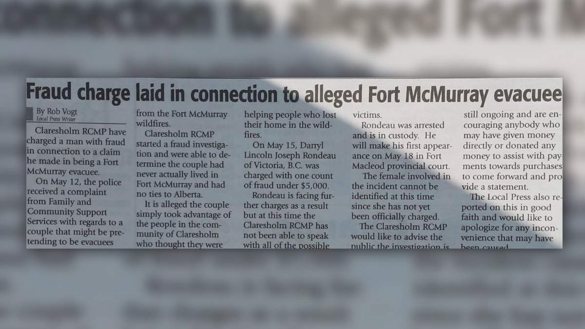 Article posted in the Claresholm Local Press including interview with Rondeau.