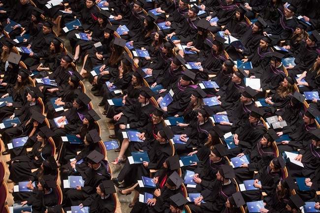 University of British Columbia students attend spring convocation in Vancouver in a May 20, 2015, file photo. The parliamentary budget officer says in 2015, families that were among the top 20 per cent of earners received 37.7 per cent of the total credits for education, textbook and tuition expenses.