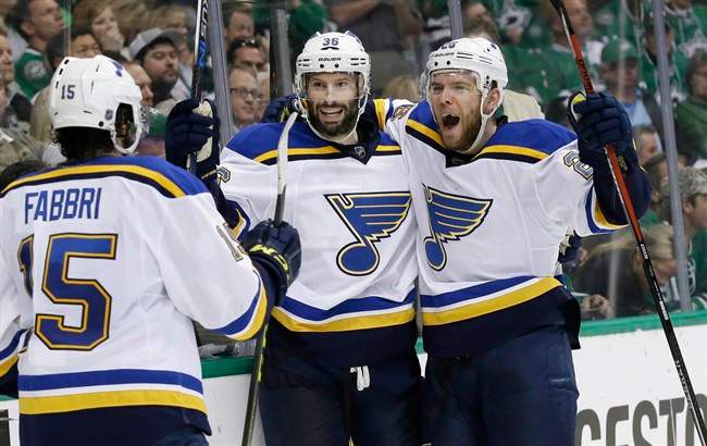 St. Louis Blues’ Troy Brouwer (36) celebrates his goal with teammates Paul Stastny (26) and Robby Fabbri (15) during the second period of Game 7 of the NHL hockey Stanley Cup Western Conference semifinals against the Dallas Stars Wednesday, May 11, 2016, in Dallas.
