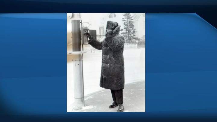 Edmonton police Cst. Harry Surcon in a buffalo jacket, which was worn by officers between 1892 and 1978.