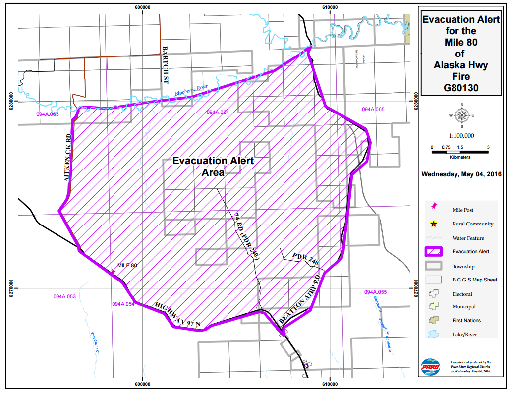 Evacuation alert in Peace River Regional District due to BC Wildfire.
