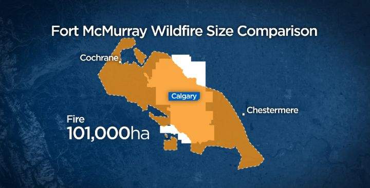 Size of fire in Fort McMurray compared to Calgary as of May 6.
