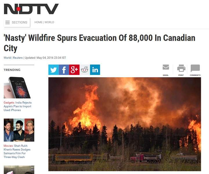 NDTV’s coverage of the Fort McMurray wildfires.