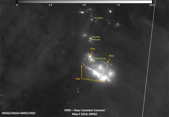 This night-time infrared view of the Fort McMurray wildfire was captured by the NASA-NOAA's Suomi NPP satellite on May 5, 2016 at 5:56 a.m. EDT.
