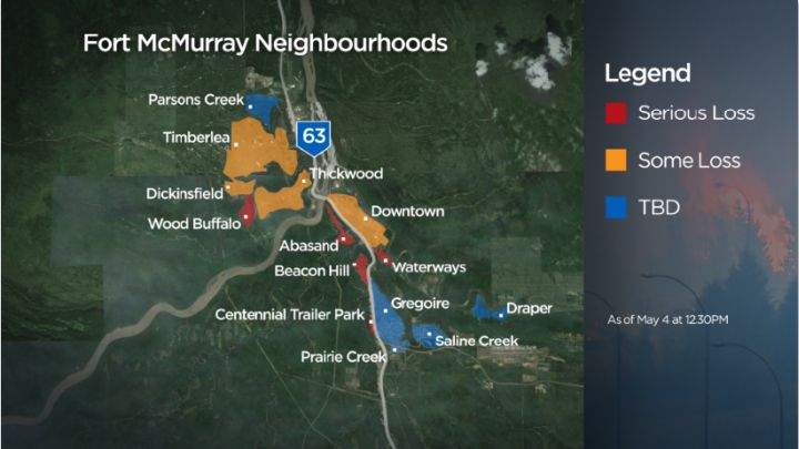 A map showing the scale of devastation a wildfire has had on neighbourhoods in Fort McMurray as of 12:30 p.m. MT on May 4, 2016.