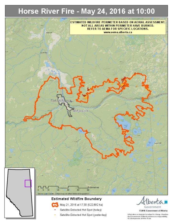 A map showing the estimated wildfire perimeter of the Horse River wildfire (Fort McMurray wildfire) as of 10 a.m. on May 24, 2016. Areas marked in red show where hot spots were detected on May 24, 2016 and areas marked in yellow show where hot spots were detected on May 23, 2016.