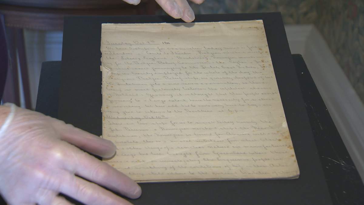 A page of Frank Baker's diary, written in pencil, is seen here. 