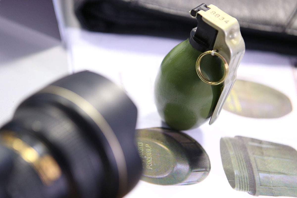  A M52 hand granade is displayed at a press conferece. 