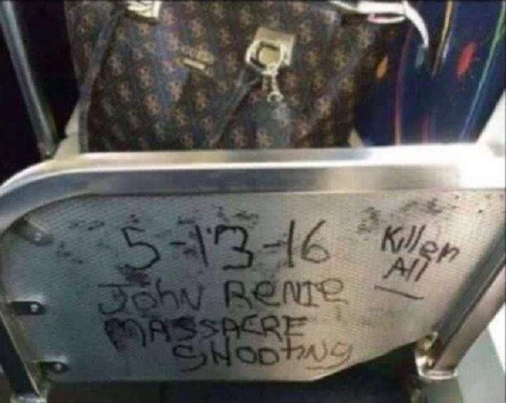 A photograph of the graffiti threat, Thursday, May 12, 2016.