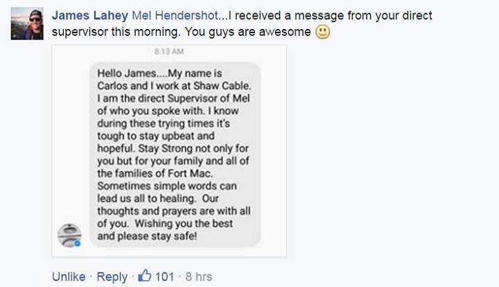 James Lahey shared a message from Mel Hendershot’s supervisor after he reached out to Shaw Cable to praise the woman for her help over the phone.